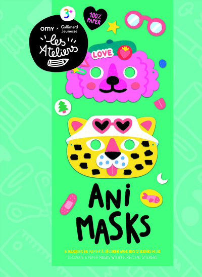 ANI MASKS - 6 MASQUES EN PAPIER A DECORER AVEC DES STICKERS FLUO