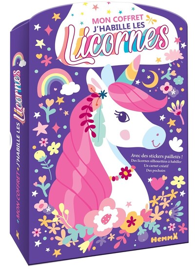 MON COFFRET J´HABILLE LES LICORNES - AVEC DES STICKERS PAILLETES ! DES LICORNES SILHOUETTEES A HABIL