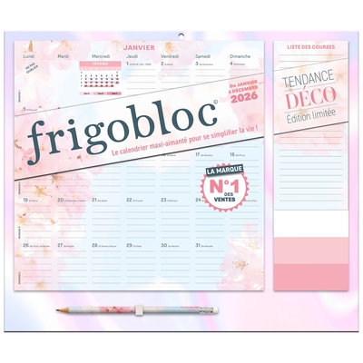 FRIGOBLOC MENSUEL 2026 TENDANCE DECO ROSE (DE JANV. 2025 A DEC. 2026)