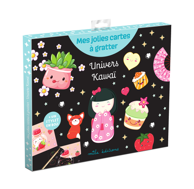UNIVERS KAWAI - MES JOLIES CARTES A GRATTER - POCHETTE AVEC 8 CARTES A GRATTER ET UN STYLET EN BOIS