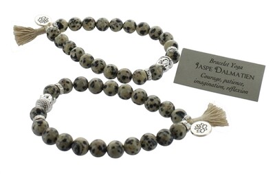 BRACELET JASPE DALMATIEN PERLES RONDES 8 MM POMPON ET LOTUS  - PCV TTC 16.90€