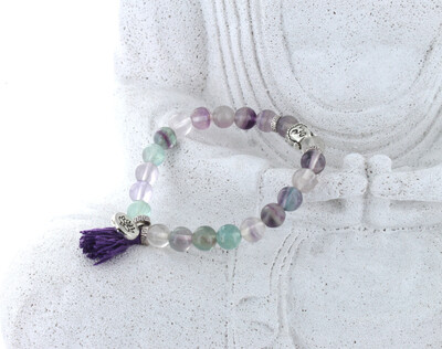 BRACELET FLUORITE PERLES RONDES 8 MM POMPON ET LOTUS - PCV TTC 16.30€