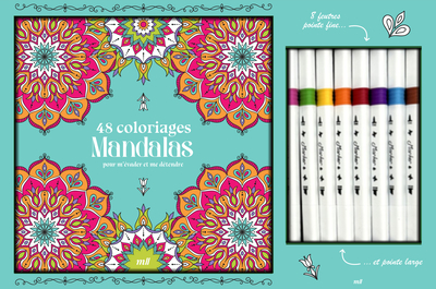 COFFRET COLORIAGES - MANDALAS - UN CARNET A COLORIER AVEC DES FEUILLES DETACHABLES ET 8 FEUTRES