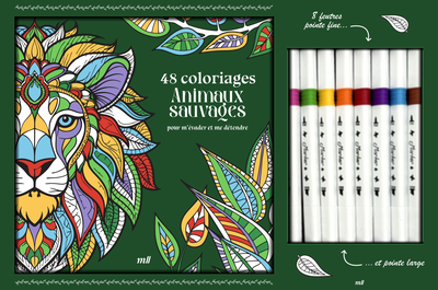 COFFRET 48 COLORIAGES - ANIMAUX SAUVAGES - UN CARNET A COLORIER AVEC DES FEUILLES DETACHABLES ET 8 F