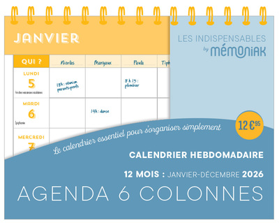 CALENDRIER HEBDOMADAIRE JANVIER-DECEMBRE 2026 - AGENDA 6 COLONNES