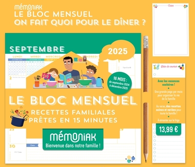 BLOC MENSUEL ORGANISEUR MEMONIAK ON FAIT QUOI POUR LE DINER (SEPT. 2024 - DEC. 2025)