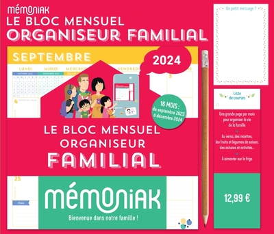 BLOC MENSUEL ORGANISEUR FAMILIAL MEMONIAK 2024, CALENDRIER (SEPT. 2023 - DEC. 2024)