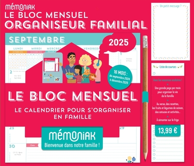 BLOC MENSUEL ORGANISEUR FAMILIAL MEMONIAK, CALENDRIER (SEPT. 2024 - DEC. 2025)