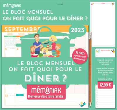 BLOC MENSUEL ORGANISEUR MEMONIAK ON FAIT QUOI POUR LE DINER, CALENDRIER AVE