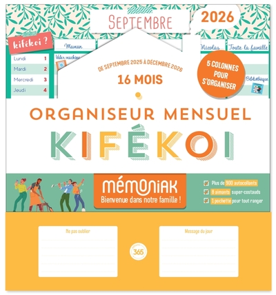 ORGANISEUR CALENDRIER MENSUEL AIMANTE KIFEKOI SEPT. 2025-DEC. 2026 PAR COLONNE