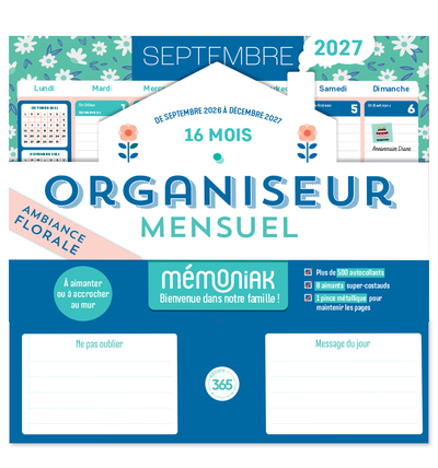 ORGANISEUR MENSUEL MEMONIAK 2027 - AMBIANCE FLORALE, 16 MOIS, SEPTEMBRE 2026-DECEMBRE 2027