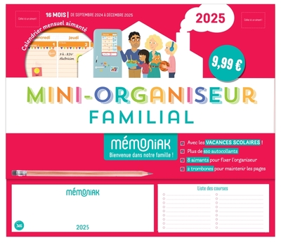 MINI-ORGANISEUR FAMILIAL MEMONIAK, CALENDRIER FAMILIAL MENSUEL (SEPT. 2024- DEC. 2025)