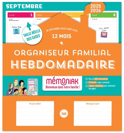 ORGANISEUR FAMILIAL HEBDOMADAIRE MEMONIAK SEPT. 2025-AOUT 2026, CALENDRIER AIMANTE