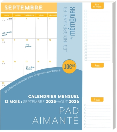 PAD AIMANTE CALENDRIER MENSUEL SEPT. 2025-AOUT 2026, MINI PRIX MINI PLACE