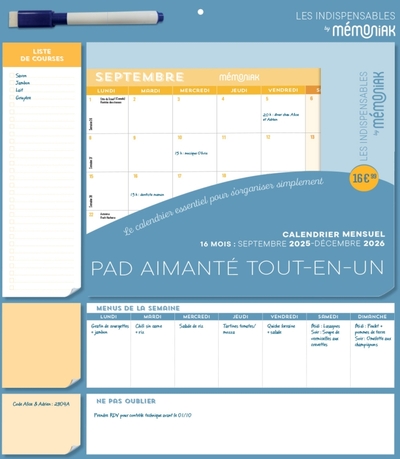 PAD MENSUEL CALENDRIER AIMANTE TOUT-EN-UN 2026, SEPT. 2025-DEC. 2026, ORGANISATION FAMILIALE