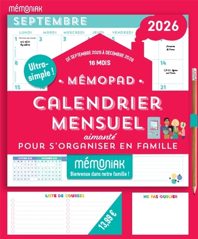 MEMOPAD CALENDRIER MENSUEL BLOC AIMANTE 2026, SEPT. 2025-DEC. 2026, ORGANISATION FAMILIALE