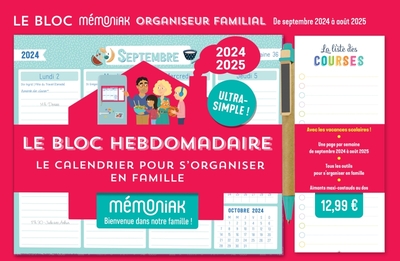 BLOC HEBDOMADAIRE ORGANISEUR FAMILIAL MEMONIAK, CALENDRIER SEPT. 2024 - AOUT 2025