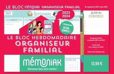 BLOC HEBDOMADAIRE ORGANISEUR FAMILIAL MEMONIAK, CALENDRIER SEPT. 2023 - AOUT 2024