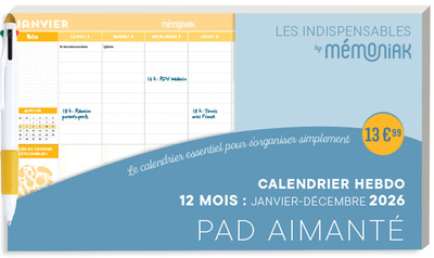 CALENDRIER HEBDOMADAIRE JANVIER-DECEMBRE 2026 - PAD AIMANTE AVEC STYLO 4 COULEURS