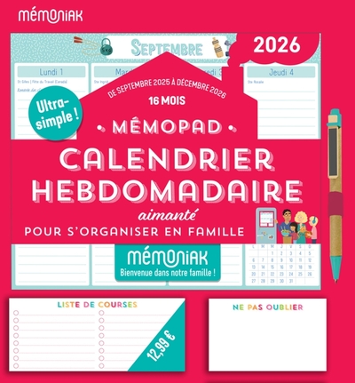 BLOC AIMANTE 2026 MEMOPAD CALENDRIER HEBDOMADAIRE, SEPT. 2025-DEC. 2026, ORGANISATION FAMILIALE