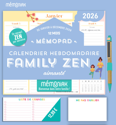 MEMOPAD CALENDRIER HEBDOMADAIRE AIMANTE MEMONIAK FAMILY ZEN 2026 12 MOIS
