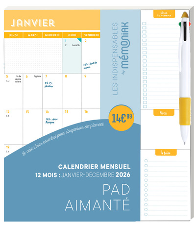 CALENDRIER MENSUEL JANV-DEC 2026 - PAD AIMANTE AVEC STYLO 4 COULEURS