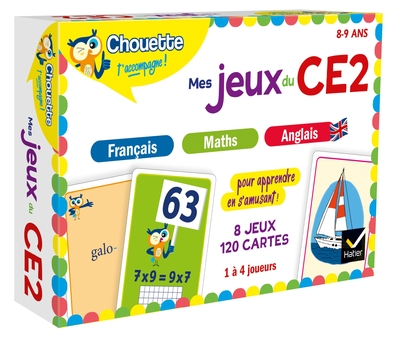 MES JEUX DU CE2 EN FRANCAIS, MATHS, ANGLAIS - 8 JEUX EDUCATIFS - 120 CARTES