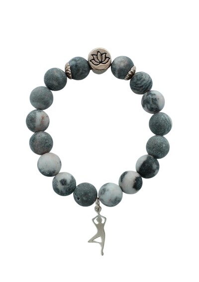 BRACELET JASPE ROSE ZEBRE PERLES RONDES 10 MM BRELOQUE YOGA ARBRE