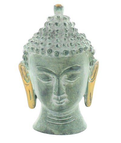 STATUETTE TETE DE BOUDDHA EN LAITON VERT ANTIQUE 11.5 CM